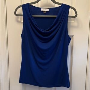 Calvin Klein Sleeveless Cowl Neck Ruched Tank Top Blouse Royal Blue Small